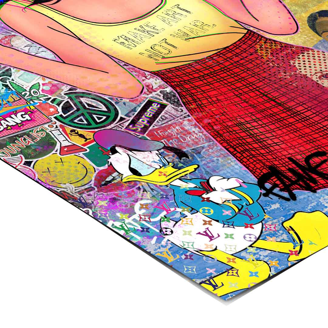 Energetic, layered street-art style with bold pinks, blues, greens, yellows, and reds.