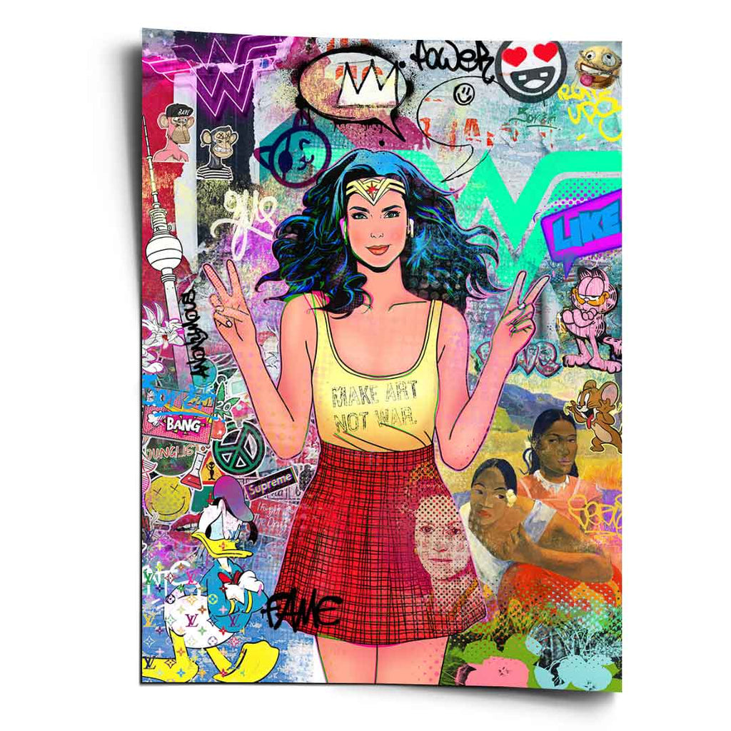 Vibrant Wonder Woman pop art portrait with peace-sign gesture in neon graffiti background.