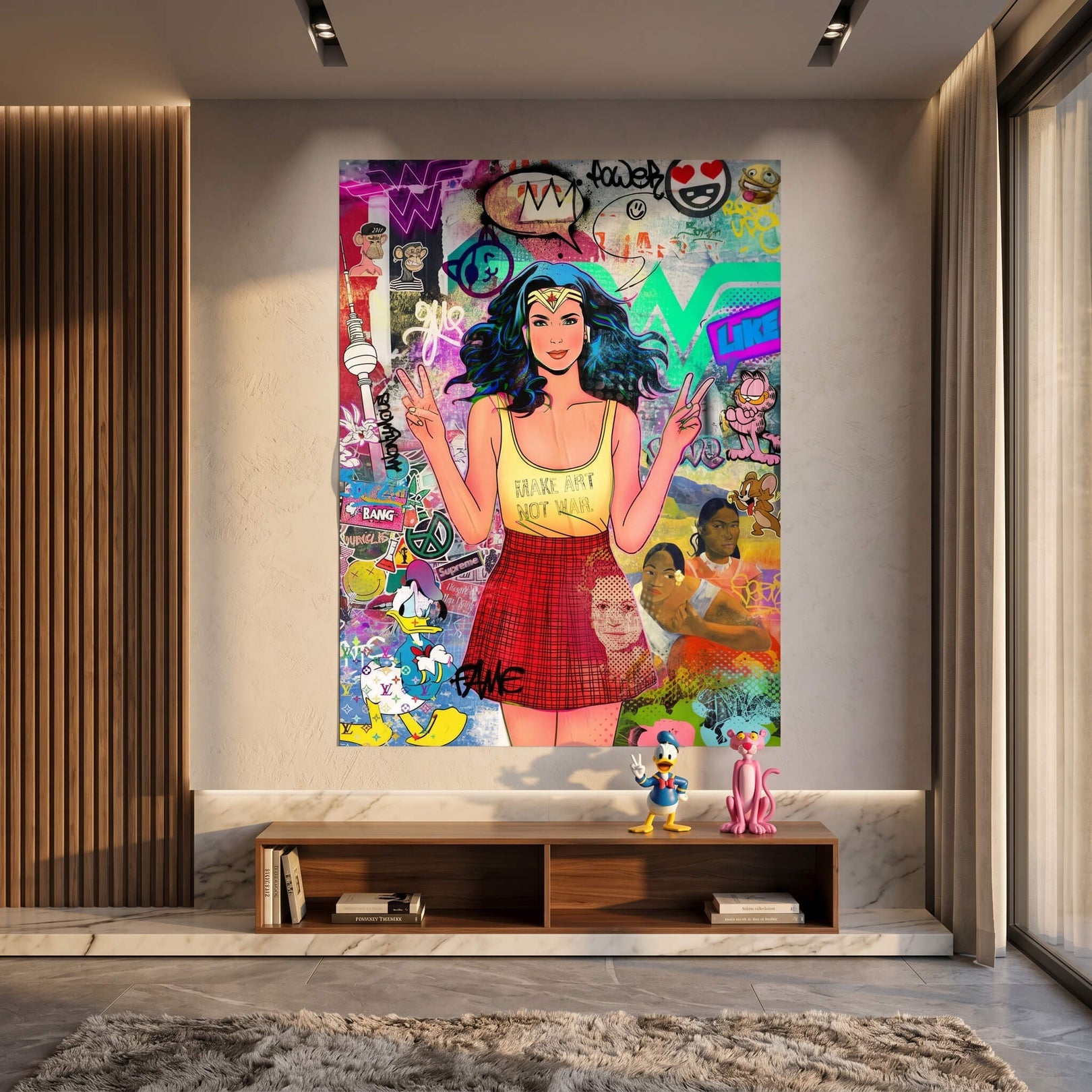 Wonder Woman in a yellow MAKE ART NOT WAR top and red plaid skirt against a colorful urban collage.