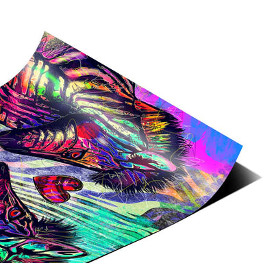 Pop art poster of zebras in a dynamic, comic-graffiti composition with bright pinks, blues, greens, and yellows.