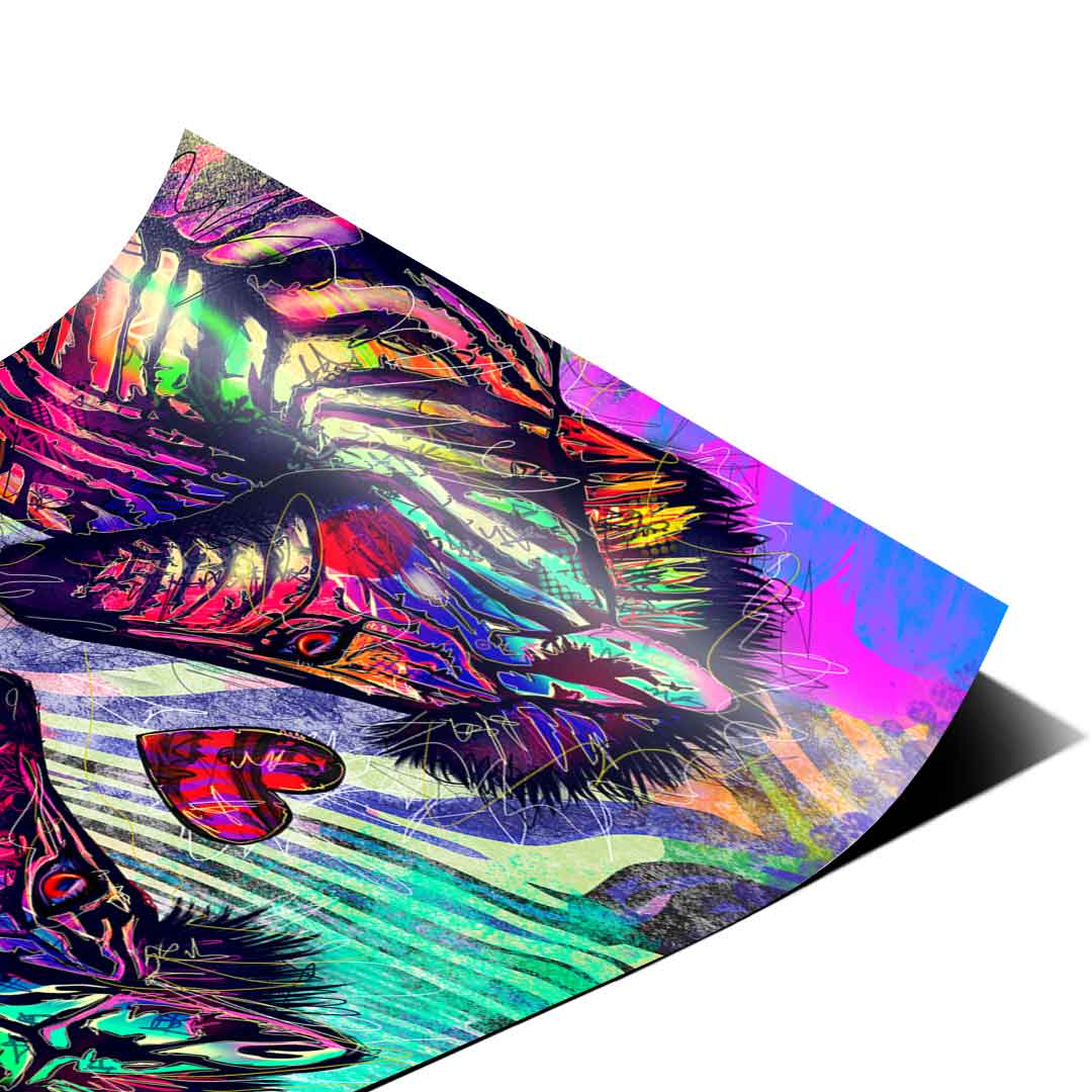 Pop art poster of zebras in a dynamic, comic-graffiti composition with bright pinks, blues, greens, and yellows.