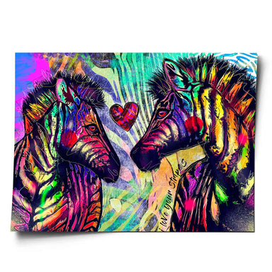 Two zebras facing each other with a bold red heart between them in a neon Pop Art graffiti style.