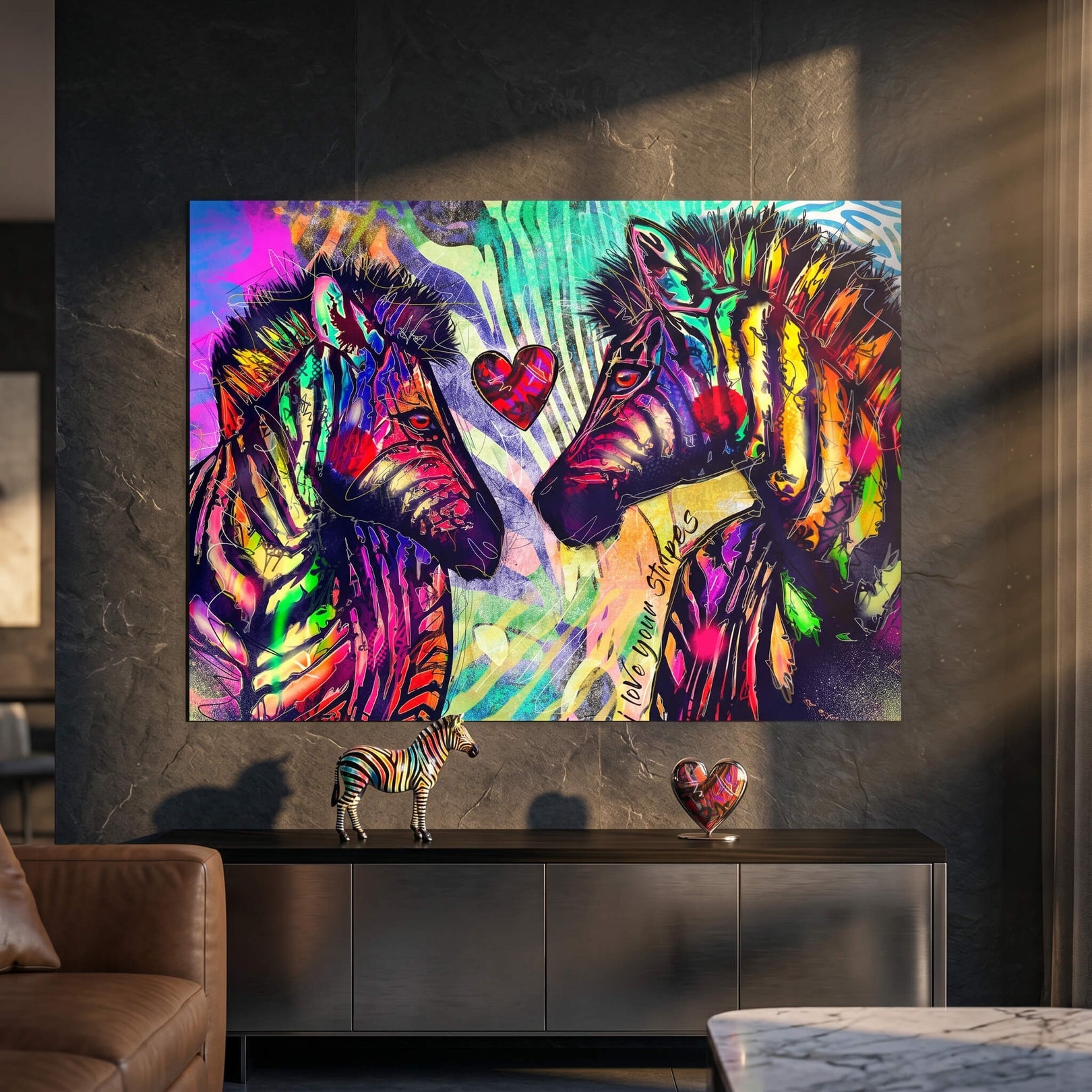Colorful zebra artwork with multicolor stripes and expressive brush strokes in playful art.