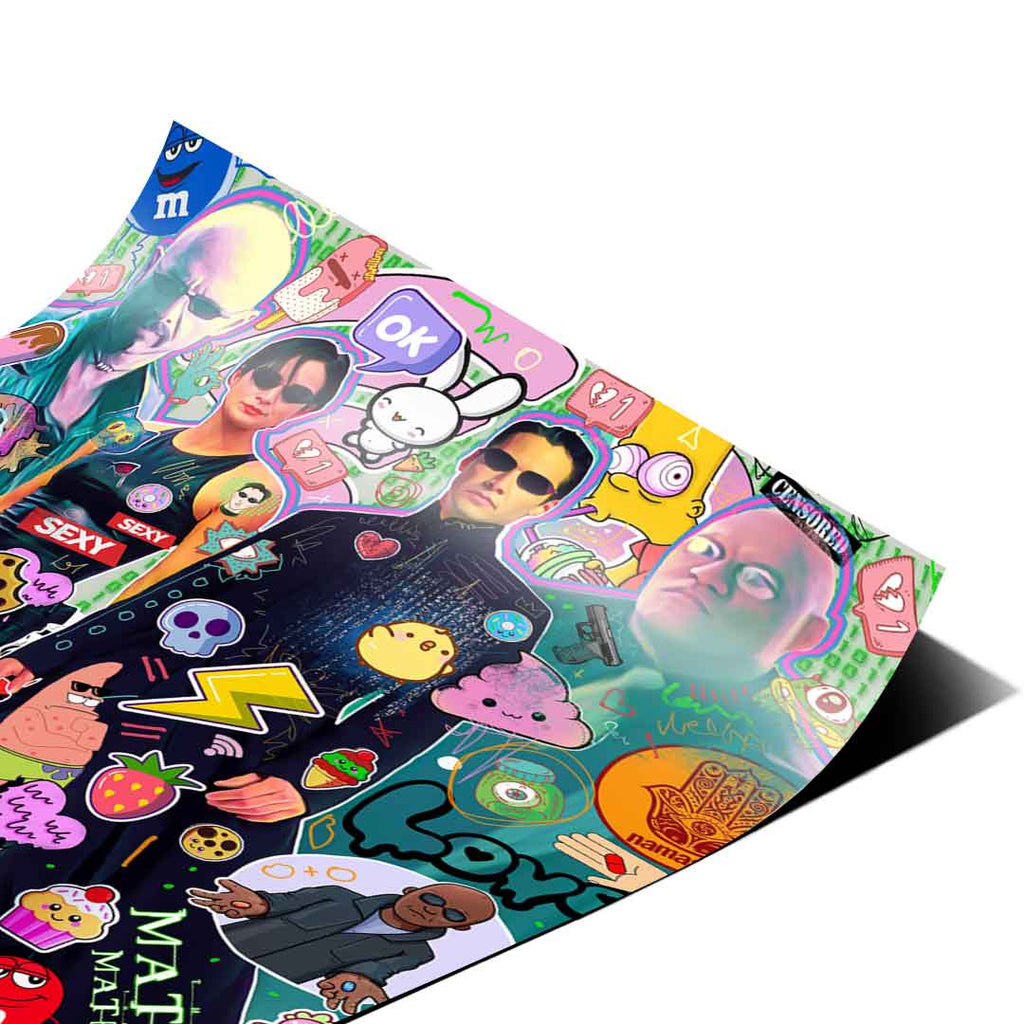 Colorful movie art poster blending pop culture icons and street art elements