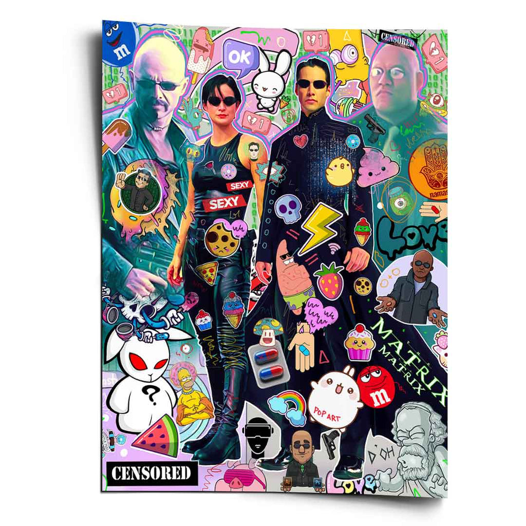 Matrix-inspired pop art collage poster featuring Neo and Trinity with memes