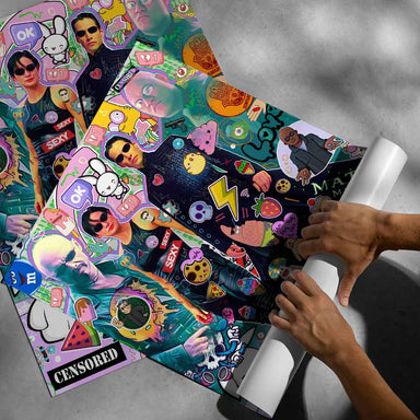 Vivid, maximalist art print combining cinema references with street art aesthetics