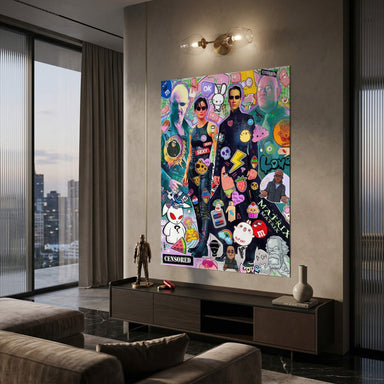 Graffiti-style wall art with Morpheus, Homer Simpson, and Spongebob in bright colors