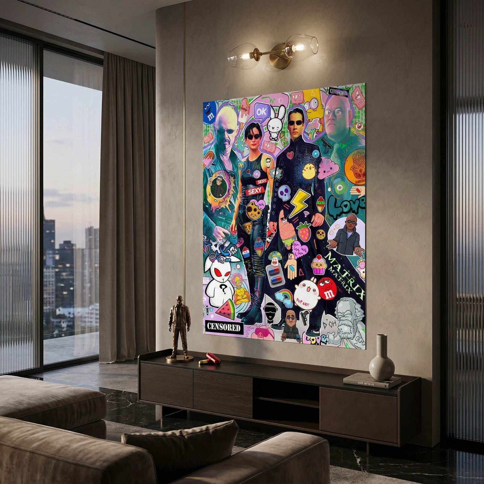 Graffiti-style wall art with Morpheus, Homer Simpson, and Spongebob in bright colors