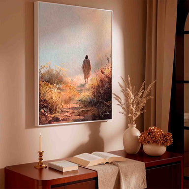 Warm golden yellows and earthy greens in a serene Christ-themed landscape