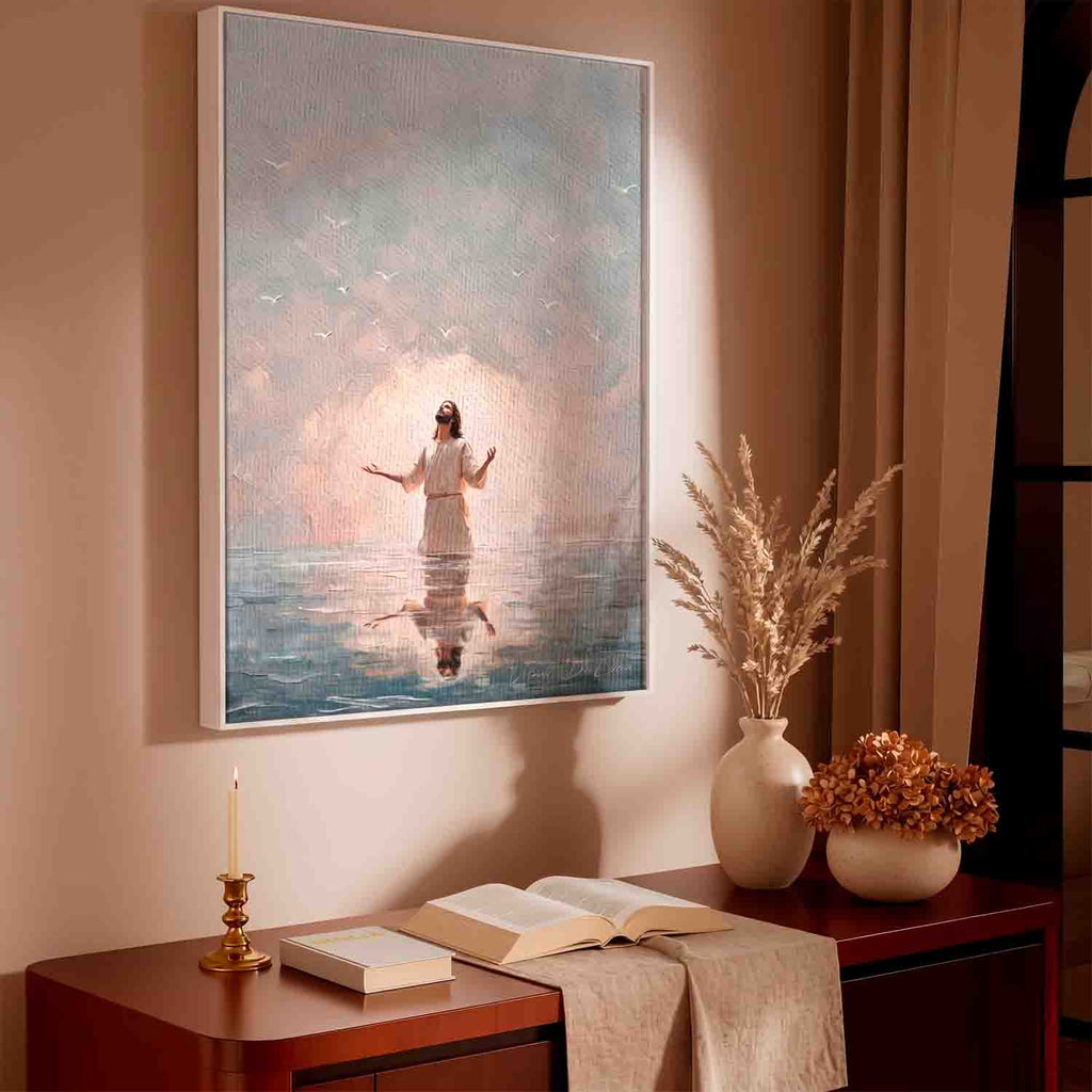 Gentle glow of light surrounding the sacred figure in a contemplative setting.