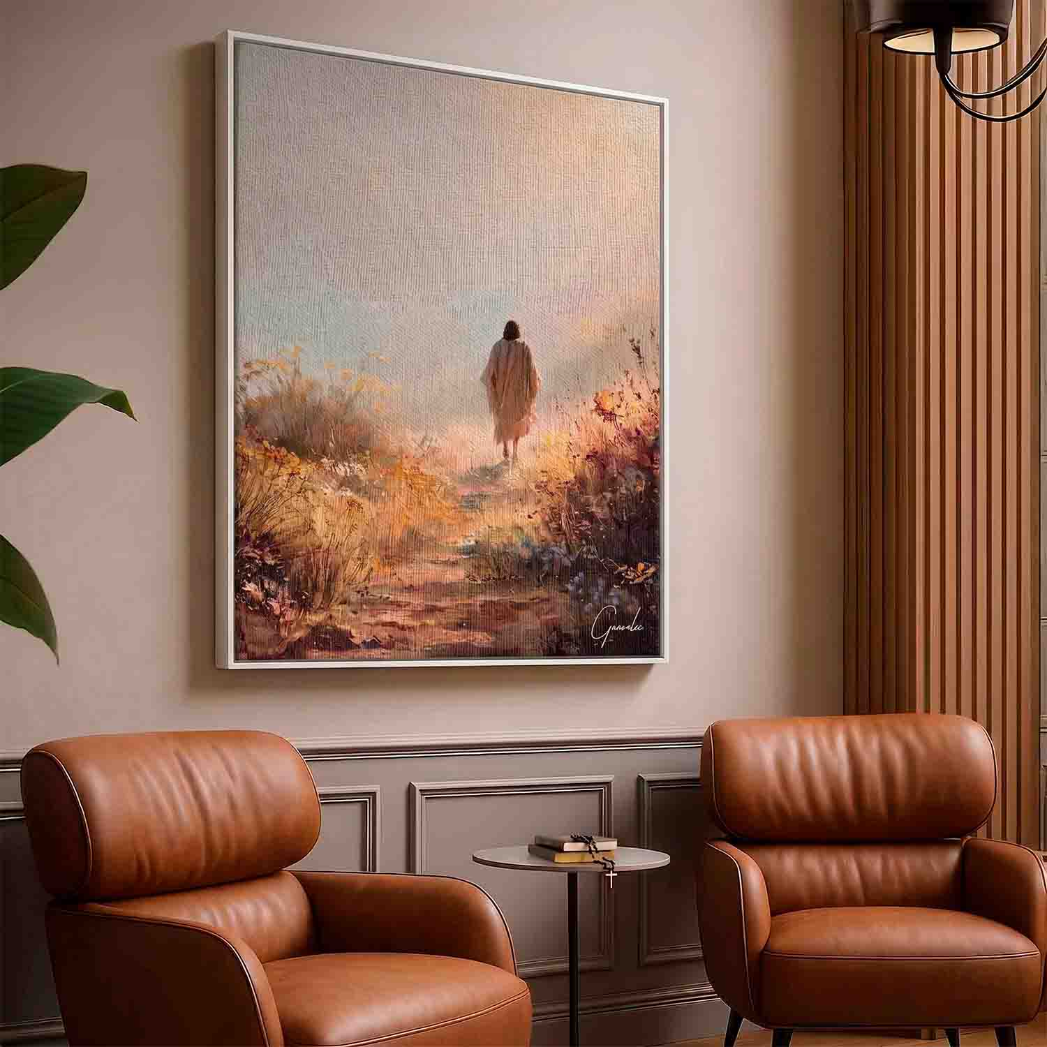Country farmhouse-inspired religious wall art with Christ and nature