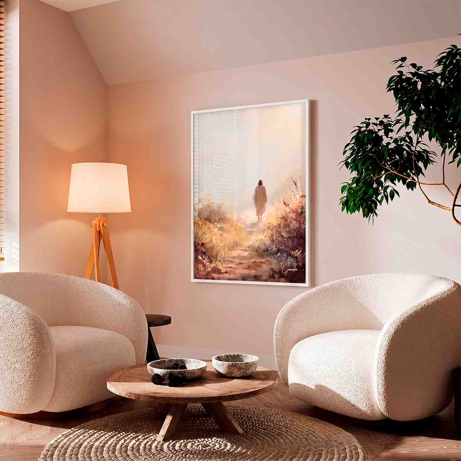 Religious artwork featuring a serene figure in a pastoral garden setting.