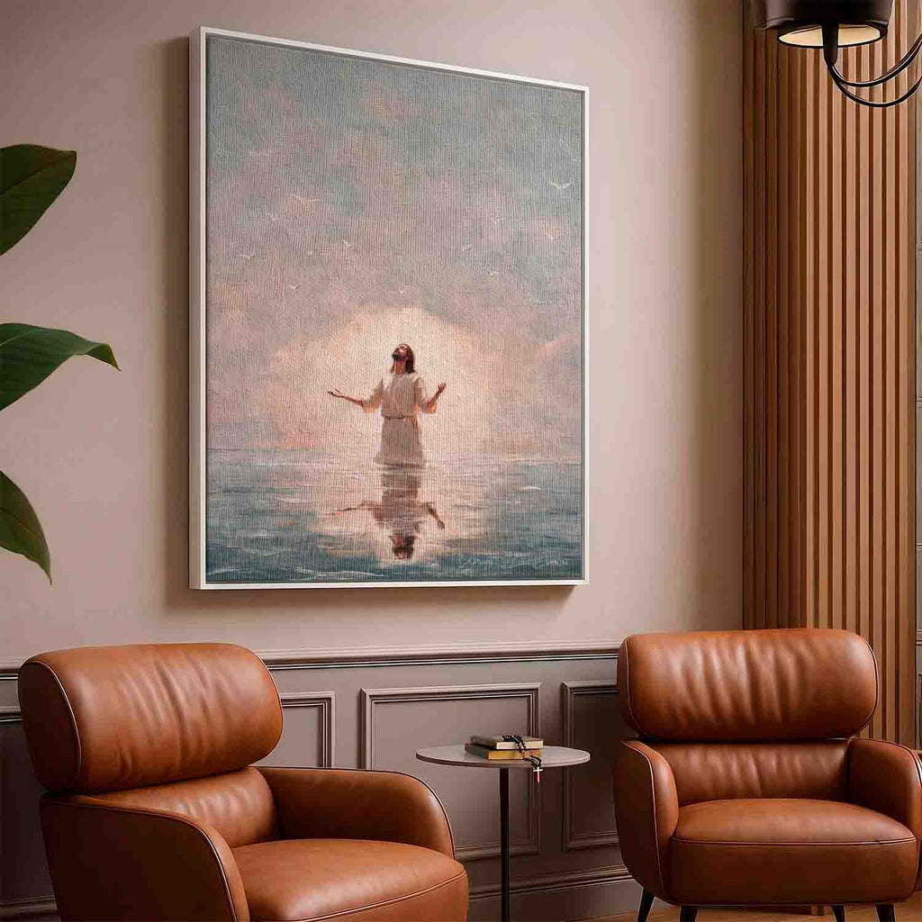 Religious wall art in cool blues and grays with warm peach highlights and painterly impressionist brushstrokes.