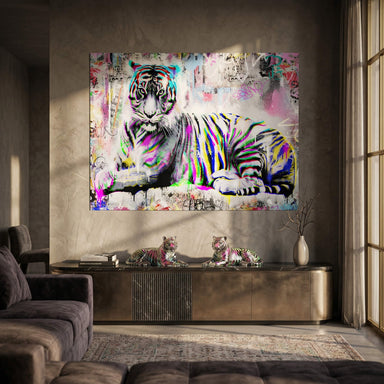 Monochrome tiger with iridescent RGB color shifts across its stripes