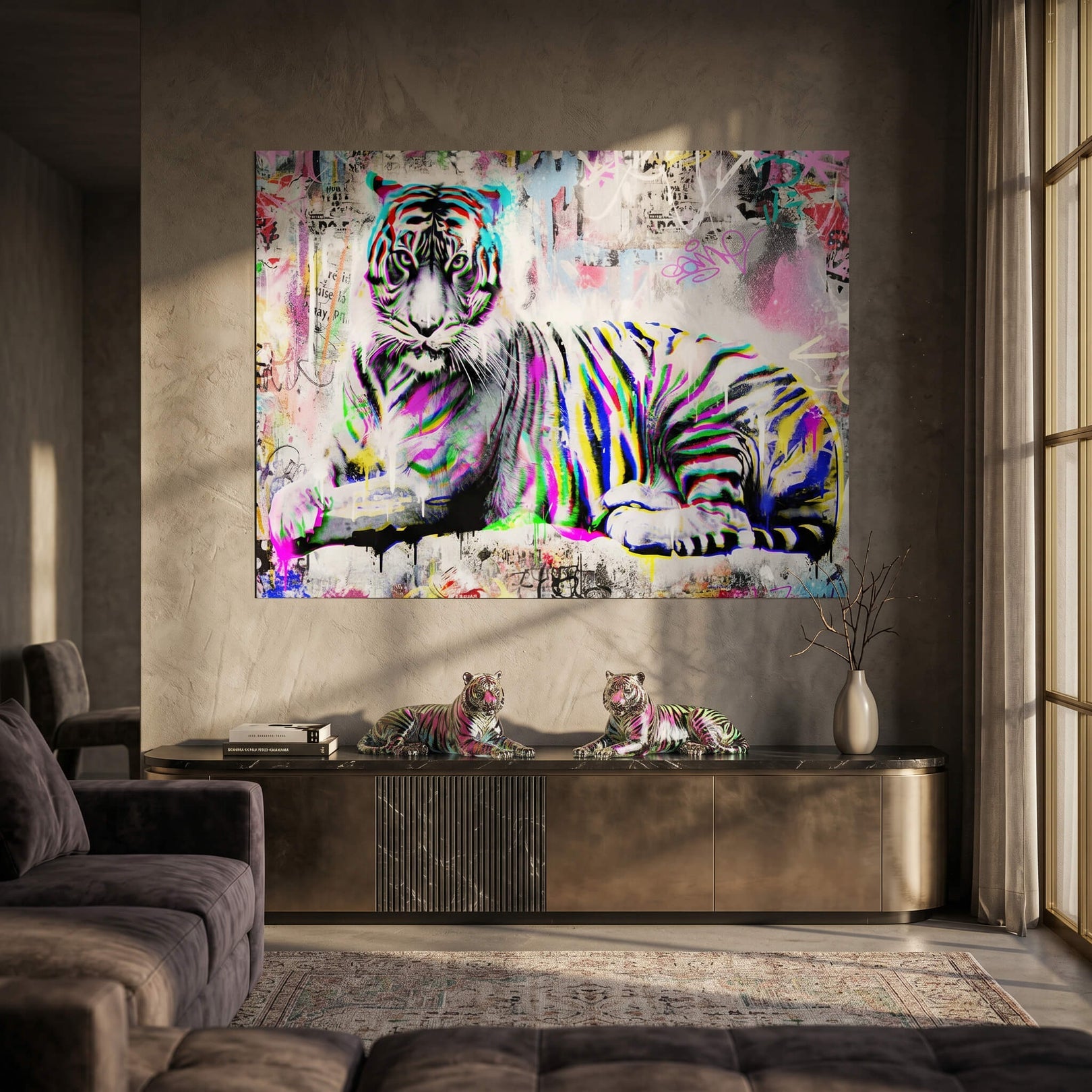 Monochrome tiger with iridescent RGB color shifts across its stripes