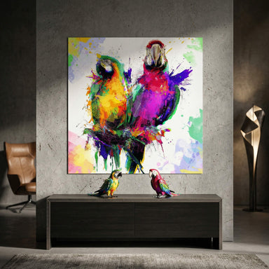 Close-up of neon greens, yellows, fuchsia, purple and teal parrots in abstract expressionist style