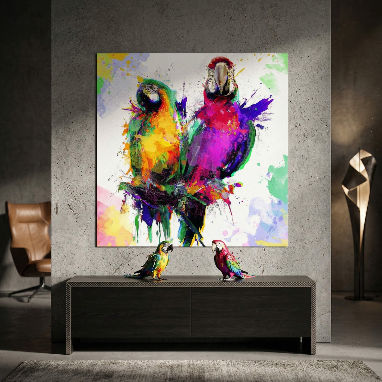 Close-up of neon greens, yellows, fuchsia, purple and teal parrots in abstract expressionist style