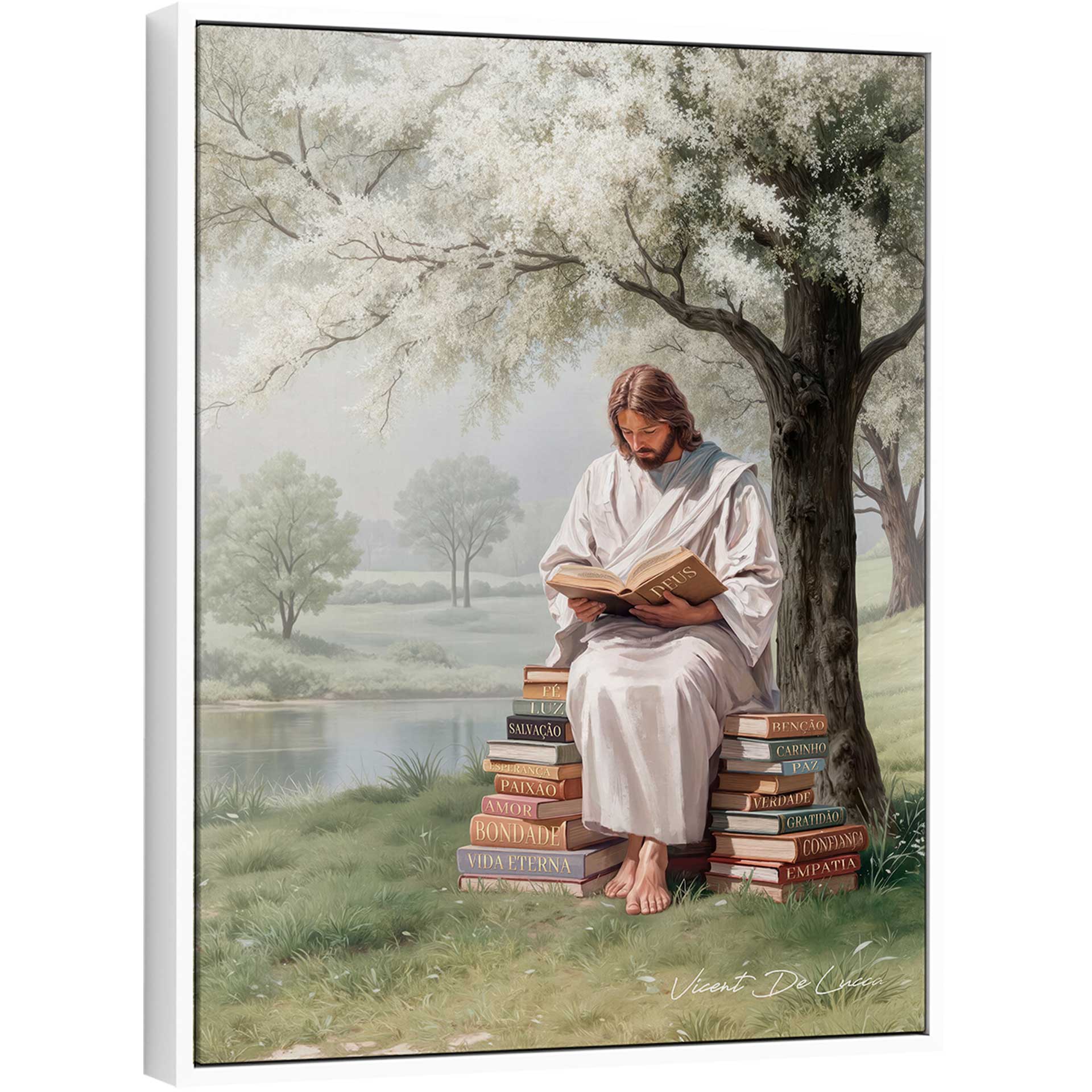 Jesus Christ reading a book labeled God while seated on a stack of books beneath a white-blossomed tree