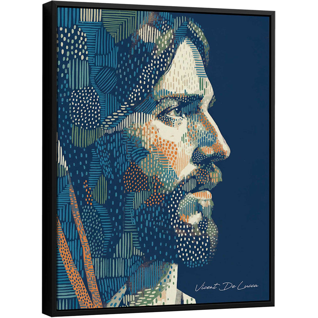 Christ in Pointillist Painting depicting a contemplative Jesus Christ with deep blue tones against a navy background.