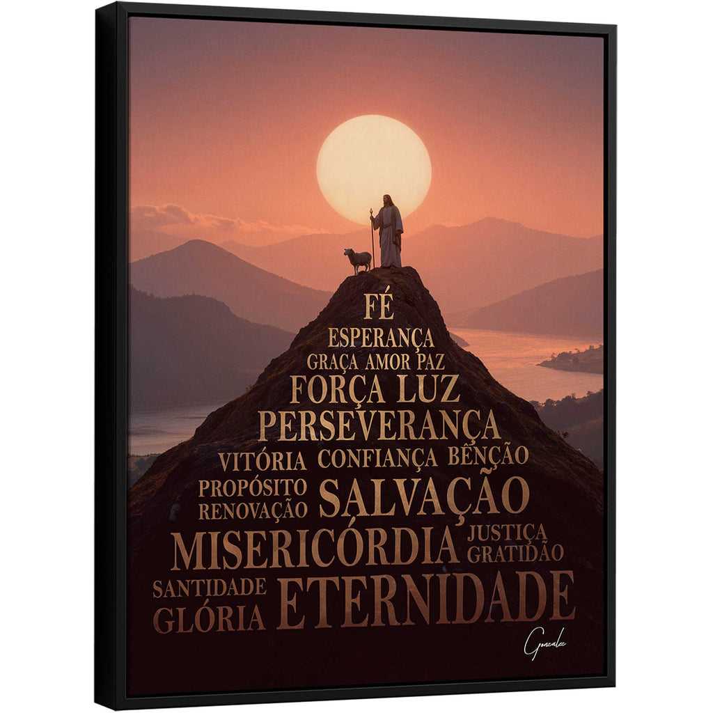 Framed portrait-style religious landscape painting showing the Good Shepherd with a lamb on a mountain at sunset, with gold text Faith Hope Salvation Eternity.
