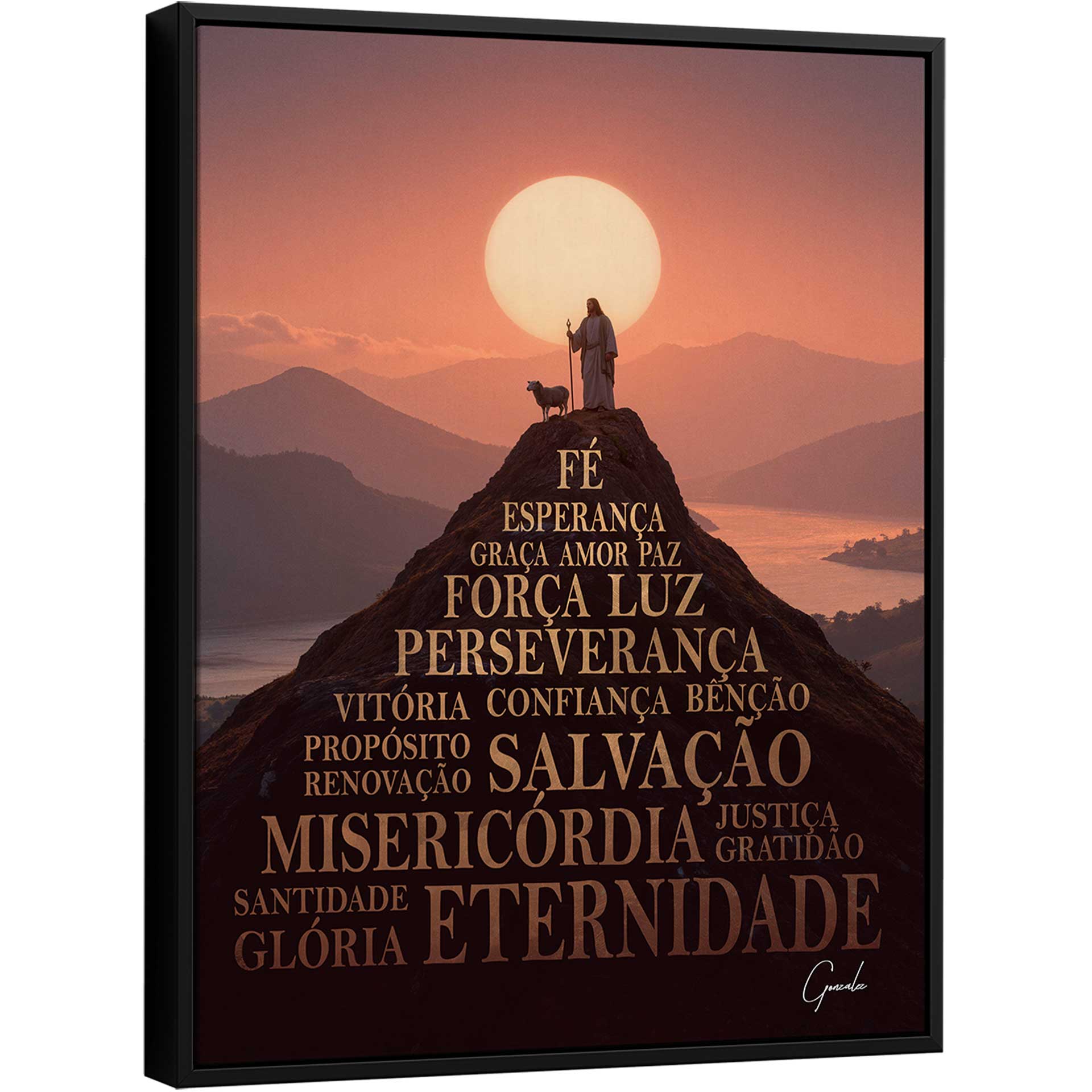Framed portrait-style religious landscape painting showing the Good Shepherd with a lamb on a mountain at sunset, with gold text Faith Hope Salvation Eternity.