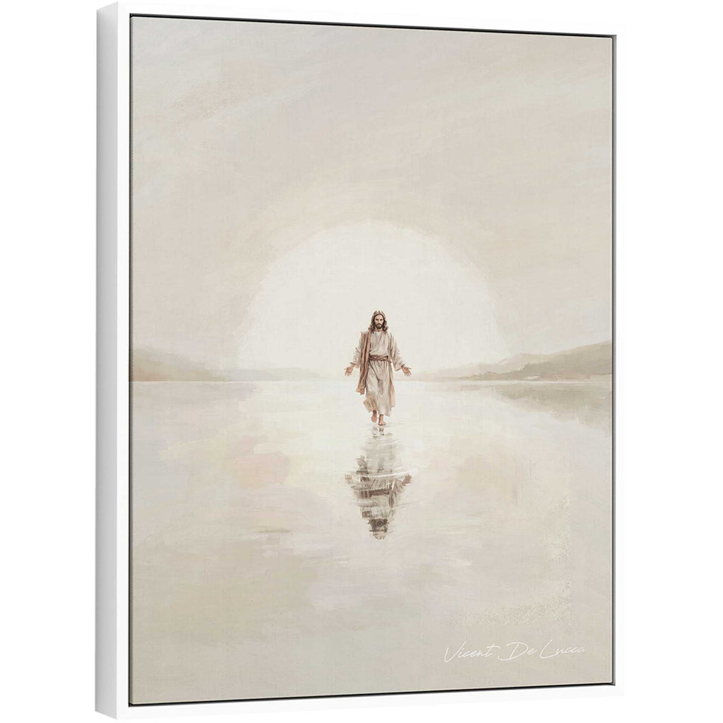 Jesus walking on calm water with a radiant glow in a minimalist religious painting