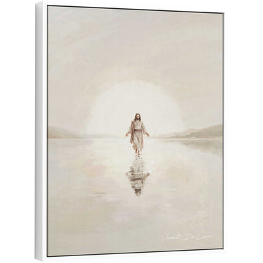 Jesus walking on calm water with a radiant glow in a minimalist religious painting