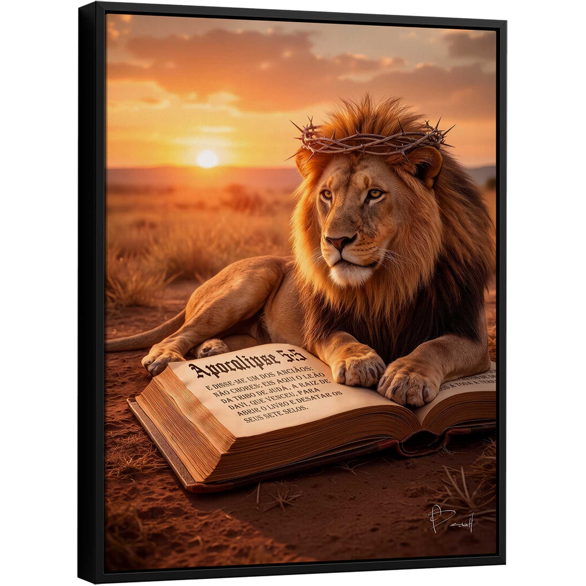 Photorealistic lion wearing a crown of thorns atop an open Bible displaying Revelation 5:5, in a warm savanna sunset.