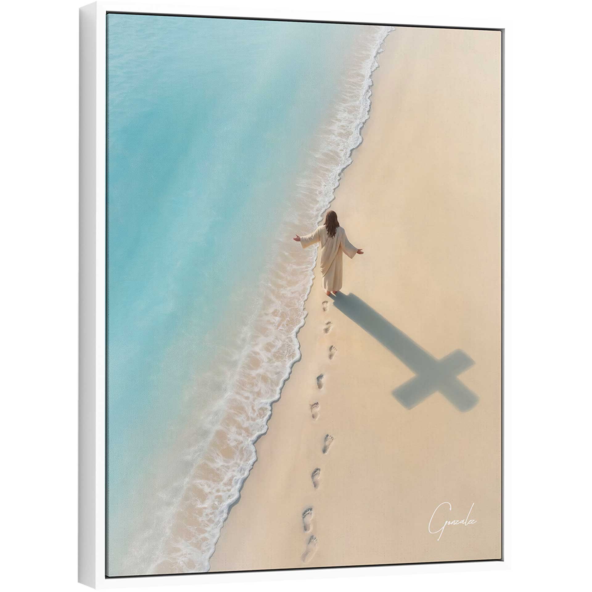 Portrait of Christ walking along a sandy beach with a cross-shaped shadow on the sand