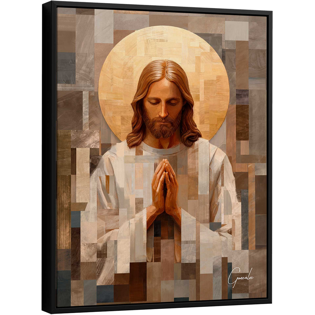 Christ's Prayer painting by Madeirart: serene portrait of Jesus Christ in prayer with a warm geometric abstract background and golden halo.
