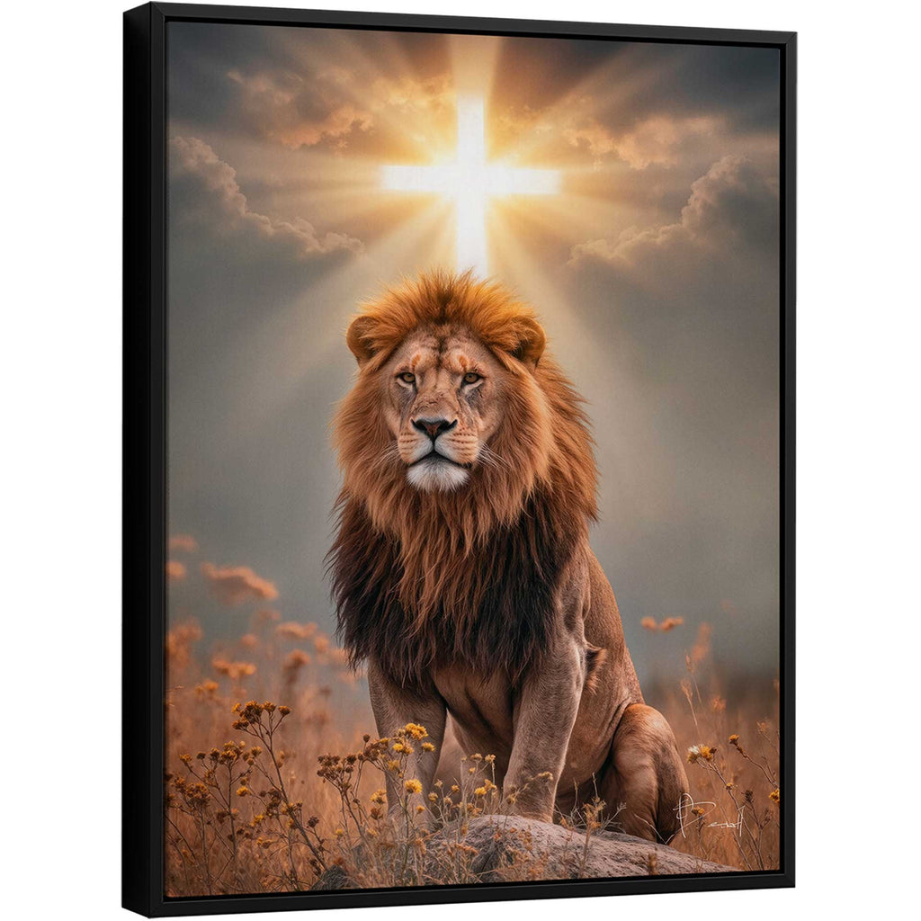 Portrait of a regal lion sitting in a golden landscape beneath a glowing cross