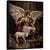 Archangel Michael in gold armor with a crimson cloak kneels beside a white lamb by a reflective pool, dramatic lighting.