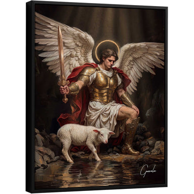Archangel Michael in gold armor with a crimson cloak kneels beside a white lamb by a reflective pool, dramatic lighting.