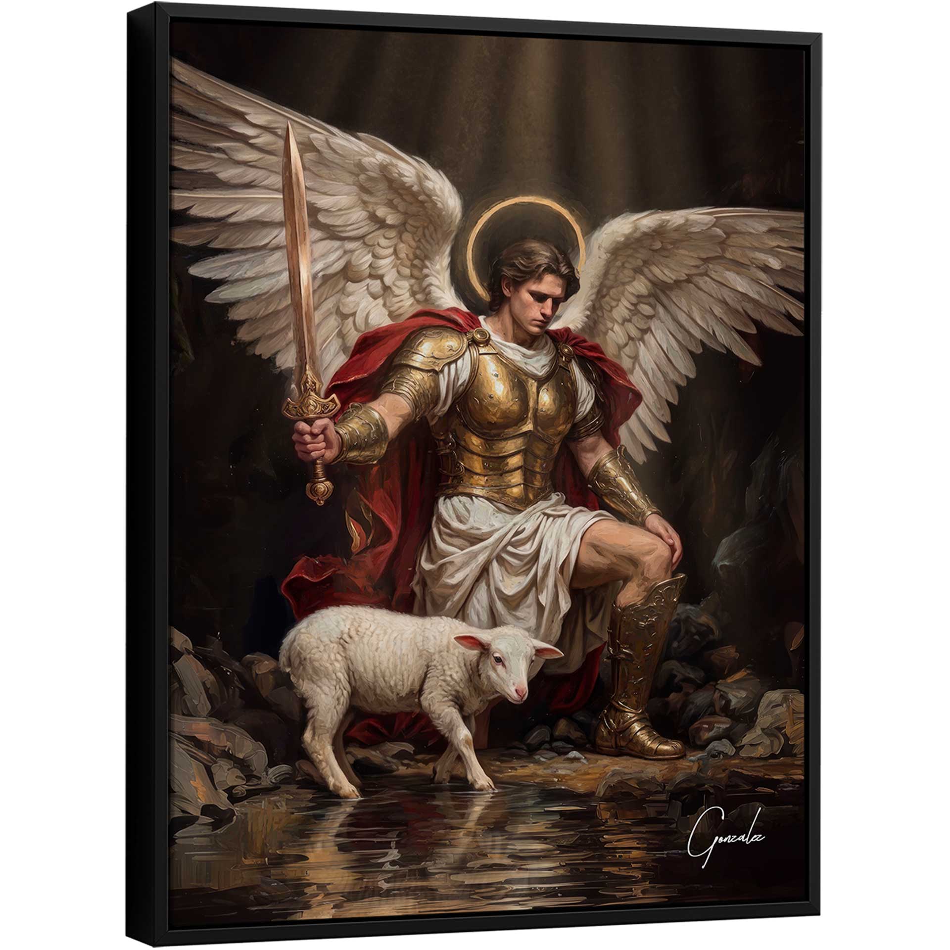 Archangel Michael in gold armor with a crimson cloak kneels beside a white lamb by a reflective pool, dramatic lighting.