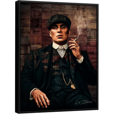 Painterly portrait of Tommy Shelby from Peaky Blinders wearing a cap and sharp suit, with intense blue eyes and a subtle gold pocket watch in a moody vintage palette.