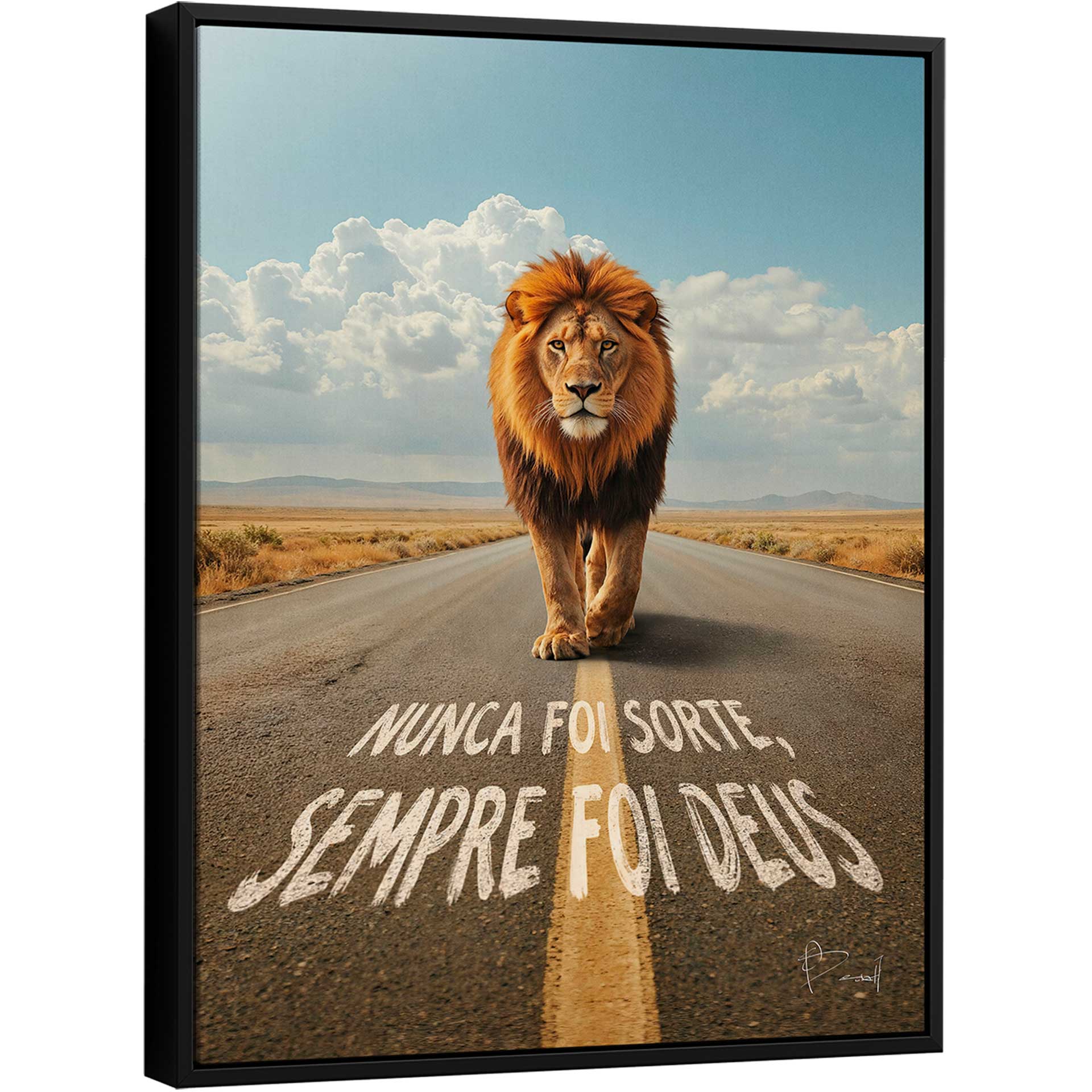 Portrait photorealistic painting of a powerful lion striding down a desolate road toward the viewer with a blue sky