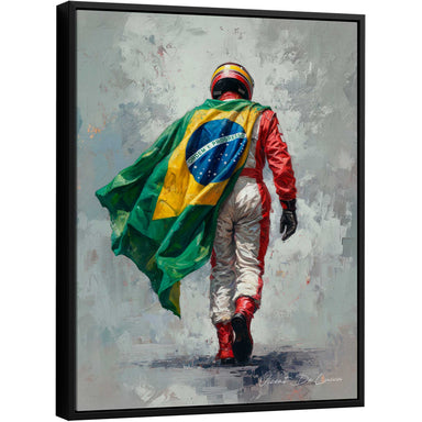 Portrait canvas wall art of a helmeted race car driver walking away wrapped in the Brazilian flag with impasto brushwork