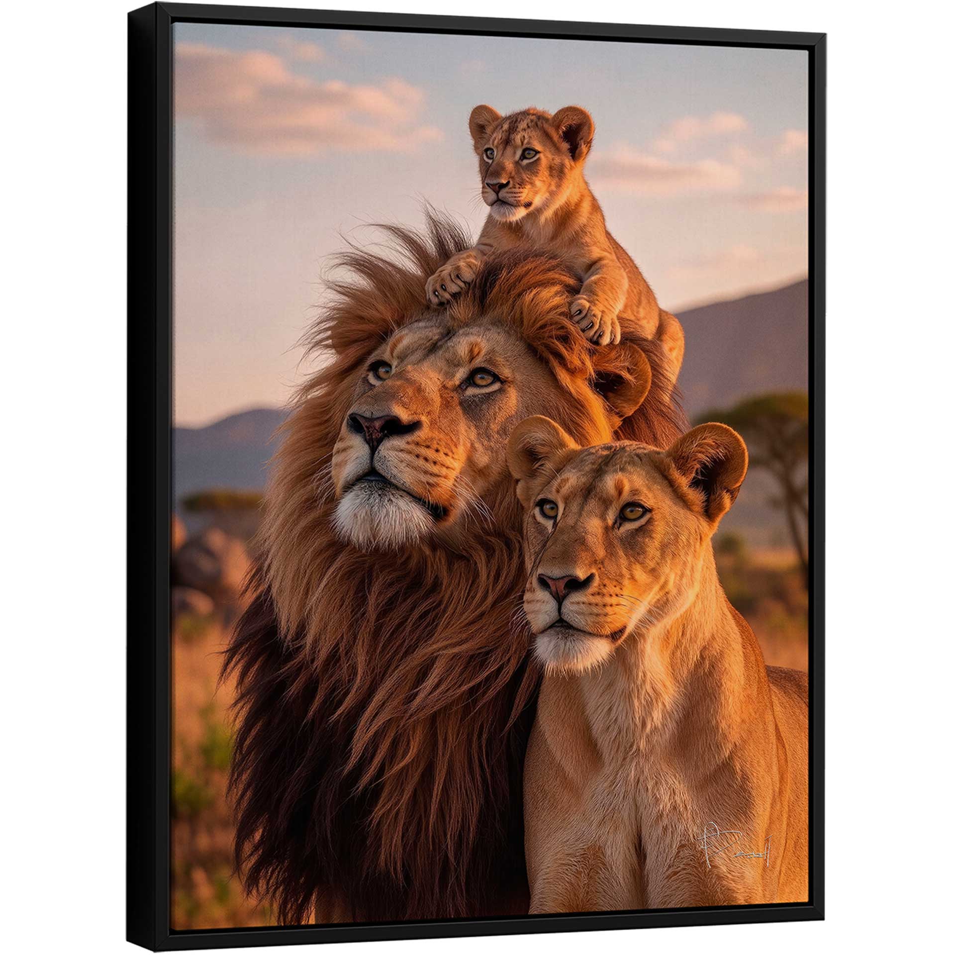 Realistic lion family painting at dusk featuring a male lion, a lioness, and a cub against a warm sunset