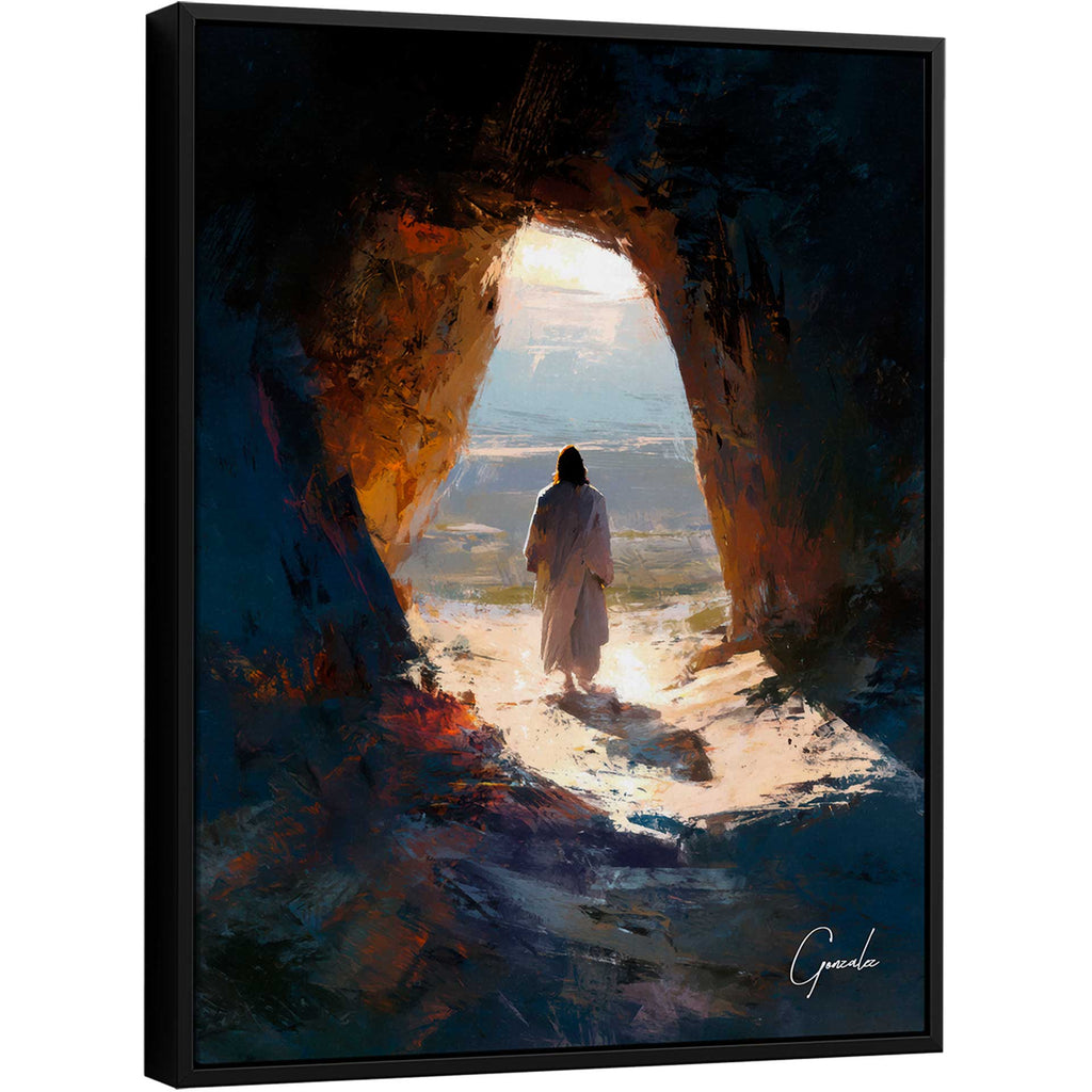 The Awakening of Faith painting: a solitary figure, Jesus, emerging from a dark cave into radiant light in a modern impressionist style.