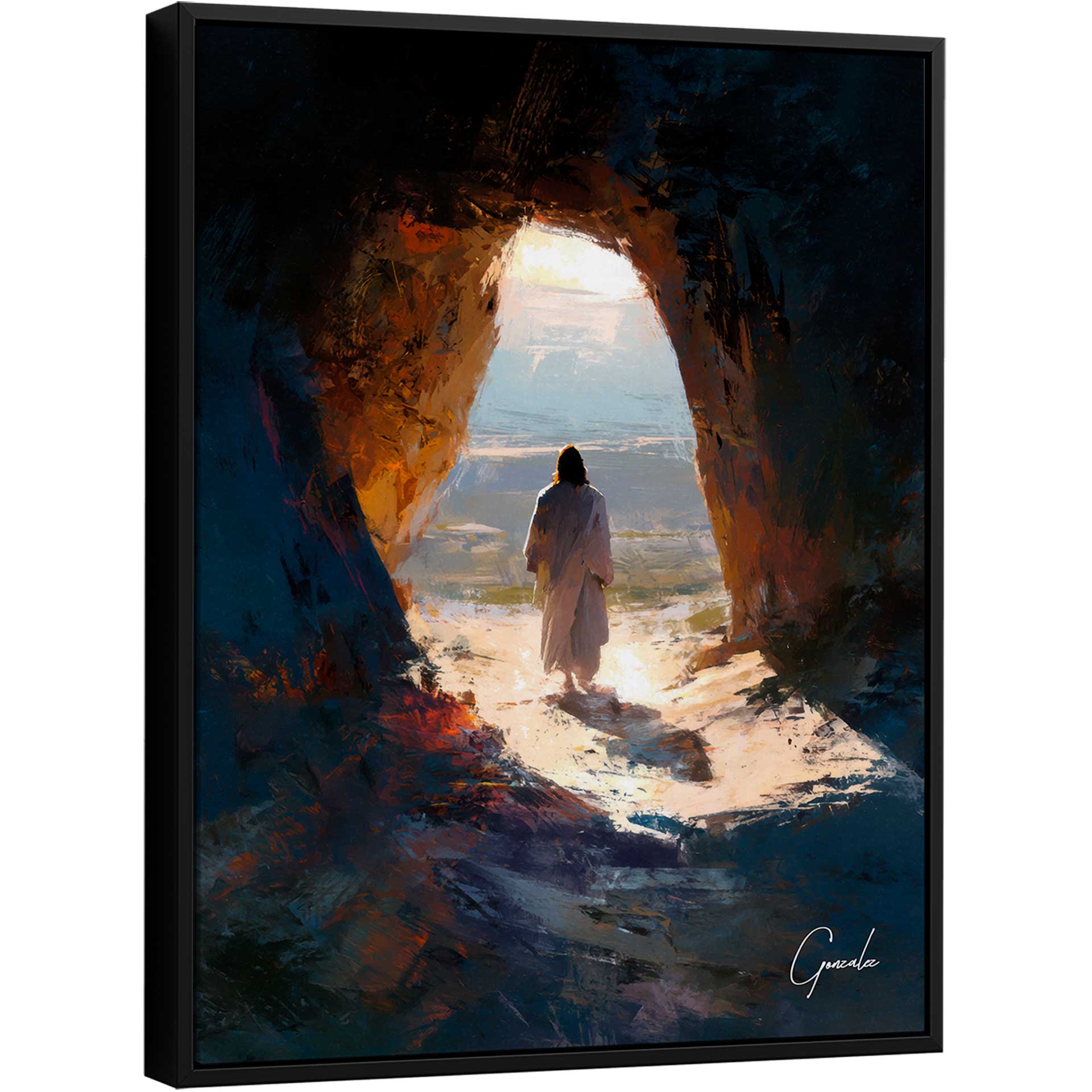 The Awakening of Faith painting: a solitary figure, Jesus, emerging from a dark cave into radiant light in a modern impressionist style.