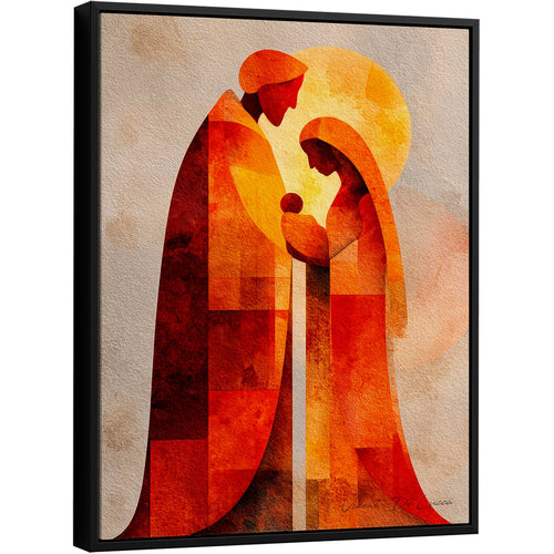 Abstract Holy Family painting with warm orange, red, and yellow tones and a sun-like halo.