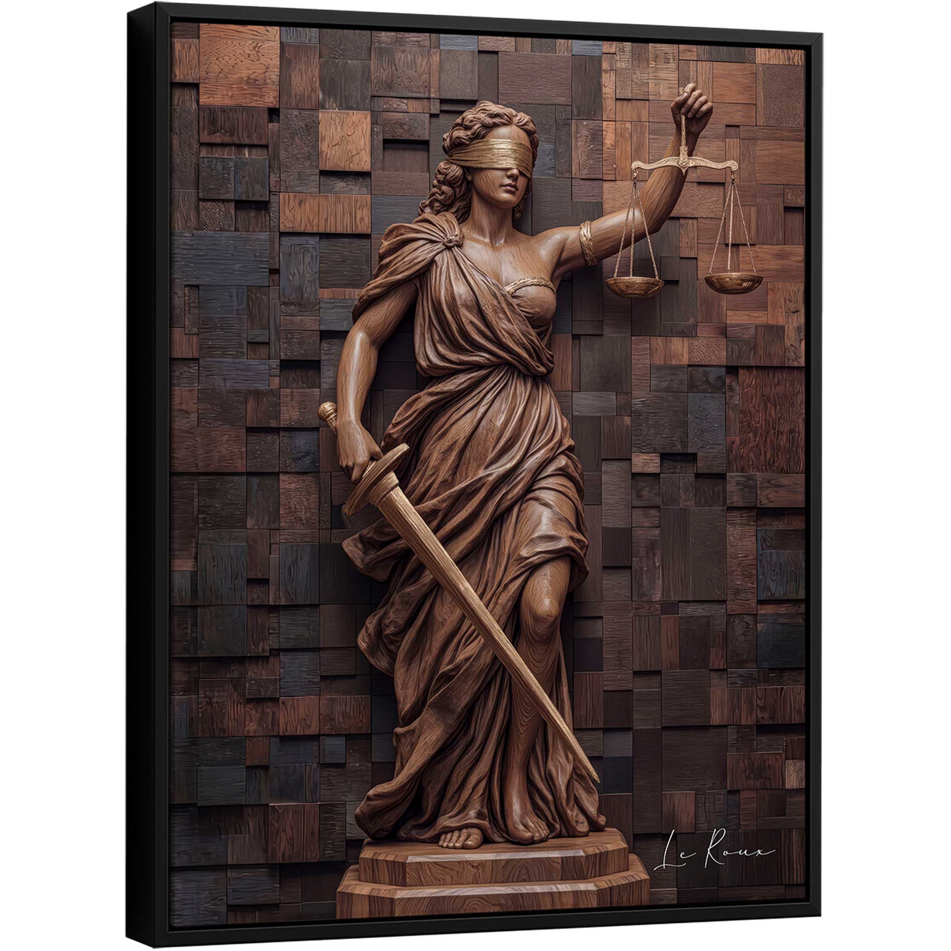 Carved wooden statue of Lady Justice with blindfold, scales, and sword on a textured wood mosaic background