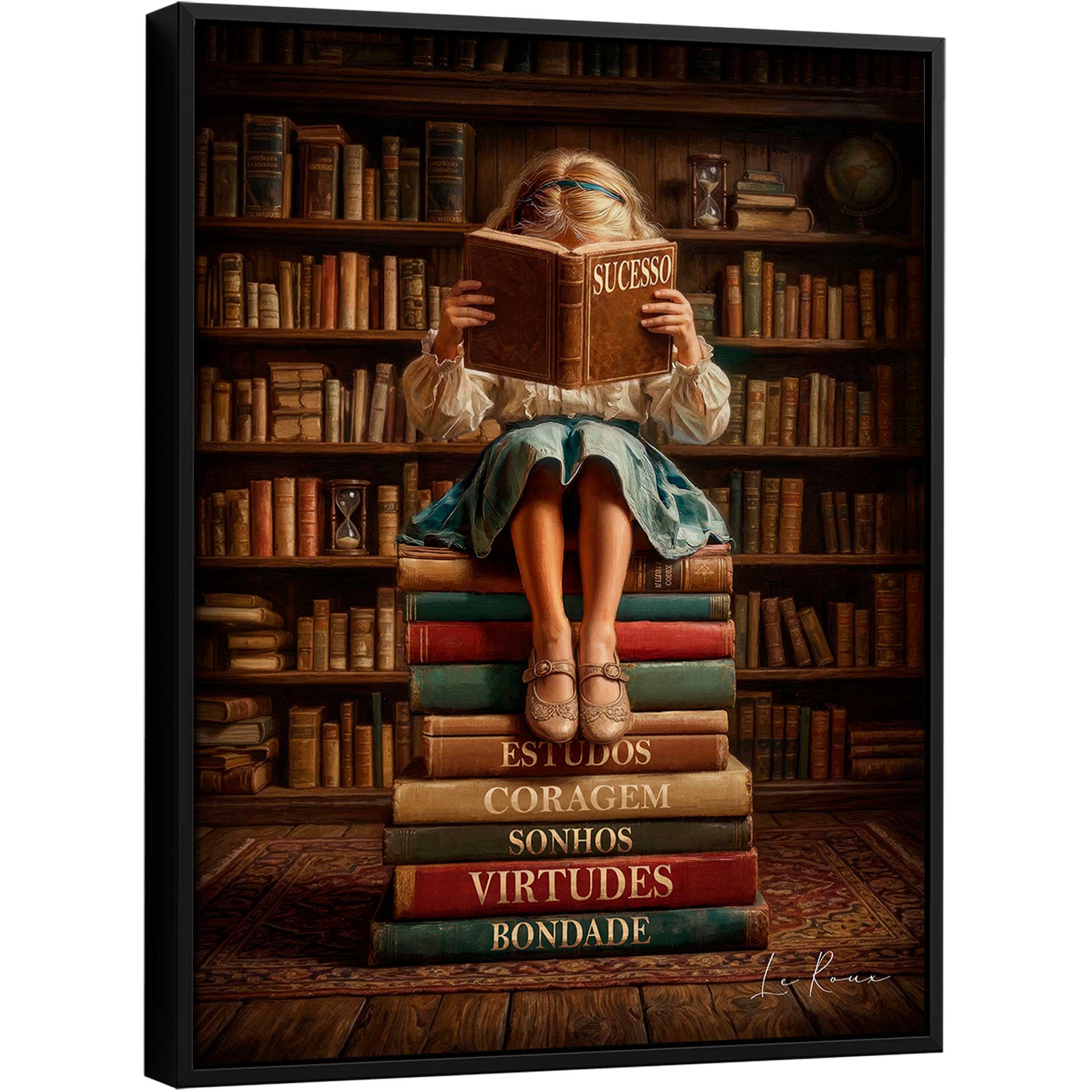 A young girl sits among vintage library shelves reading a book titled 'Success'.