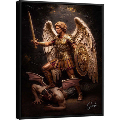 Portrait of Archangel Michael in ornate golden armor with white wings, subduing a horned demon.