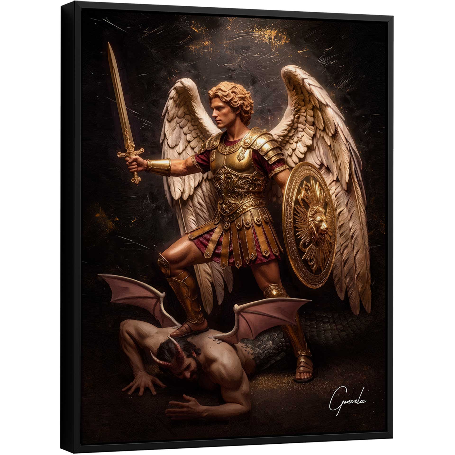 Portrait of Archangel Michael in ornate golden armor with white wings, subduing a horned demon.
