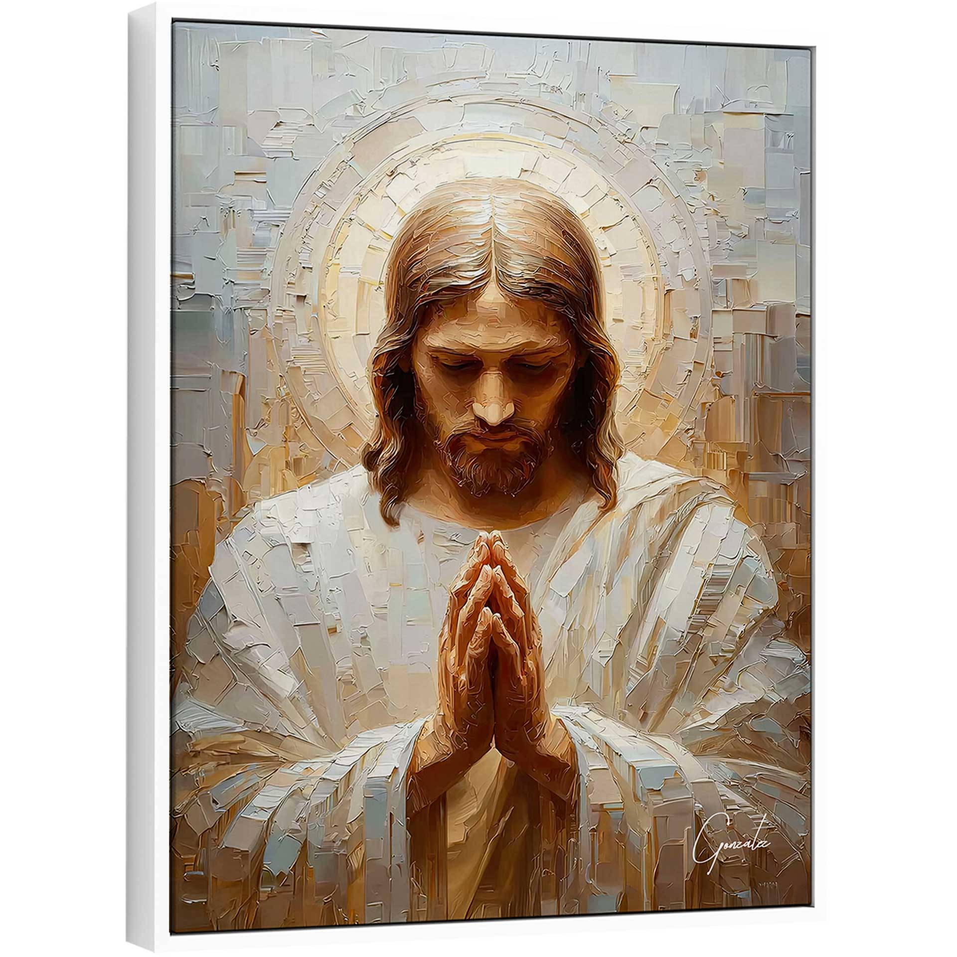 Religious wall art depicting Jesus in prayer with a glowing halo and textured impasto brushwork.