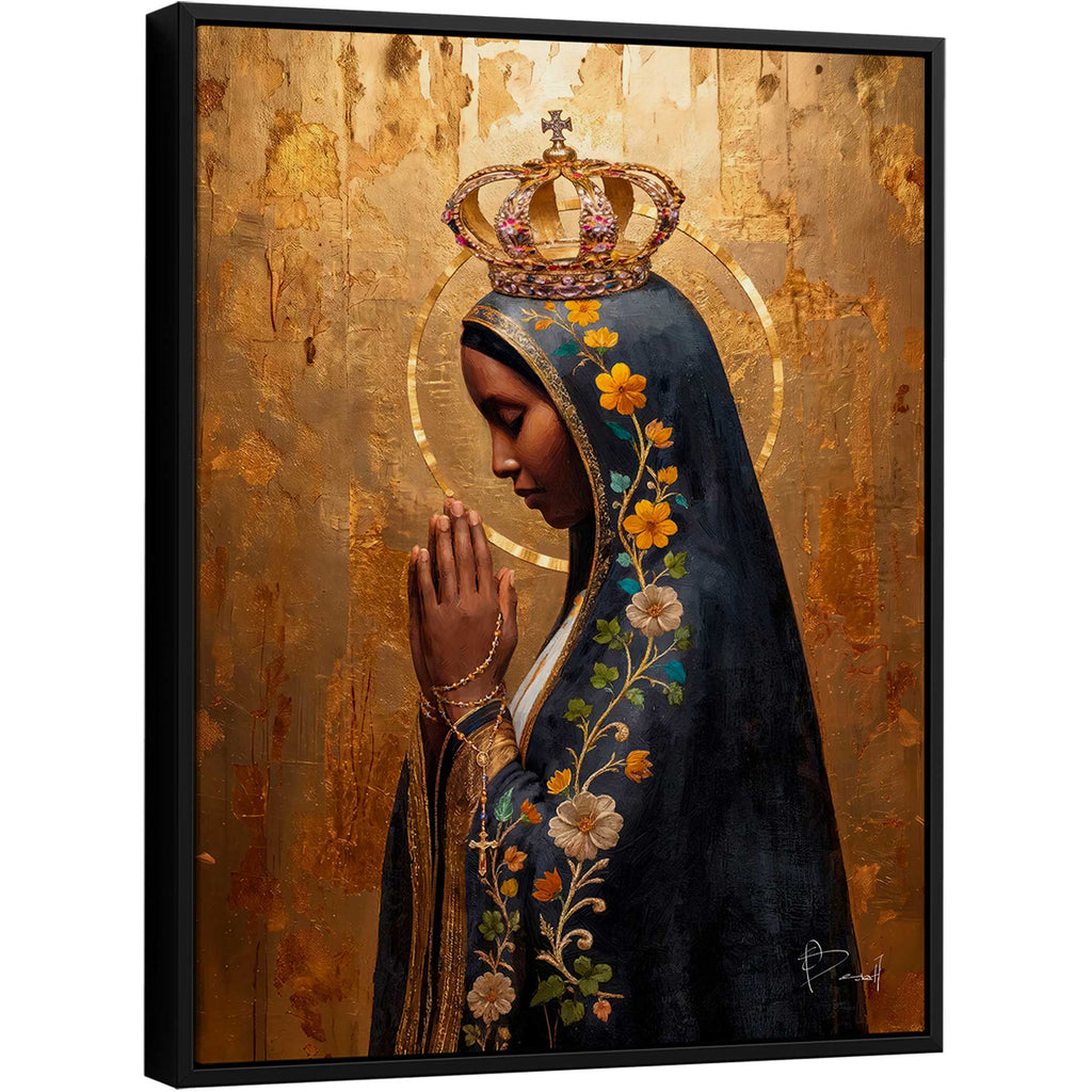 Our Lady of Aparecida painting in gold-leaf style with blue background, crown and halo.