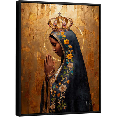 Our Lady of Aparecida painting in gold-leaf style with blue background, crown and halo.