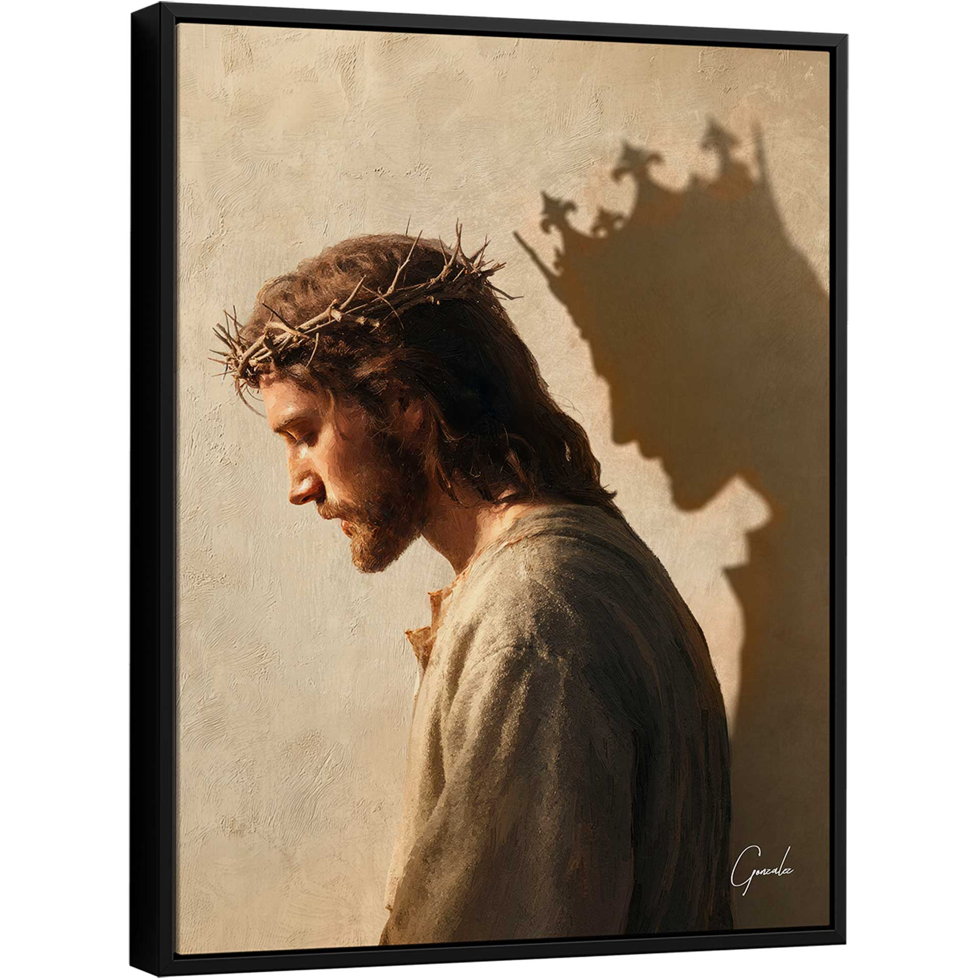 Contemplative Jesus Christ portrait with crown of thorns in warm earthy tones and strong chiaroscuro.