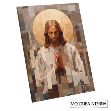 Additional views of the Christ's Prayer painting showcasing the mosaic-like abstract background and warm tones.